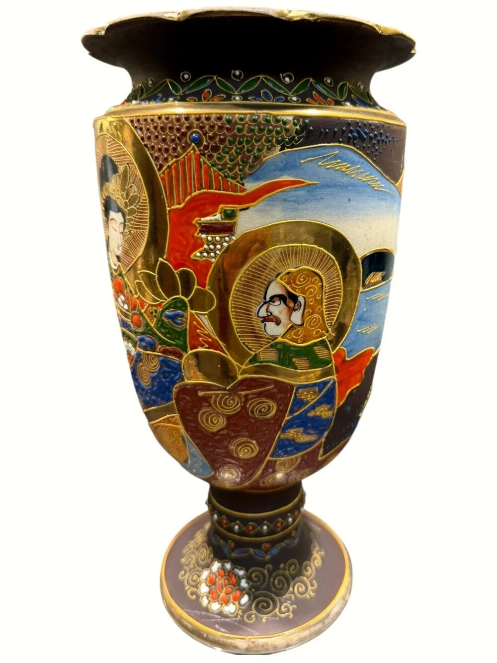Vintage Japanese Satsuma Moriage Pedestal Vase Figural Gilt 12.25